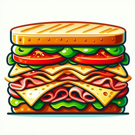 Sandwich with ham, cheese, tomato and lettuce. Vector illustrationのイラスト素材