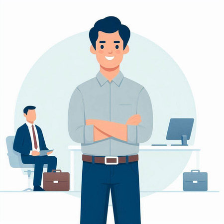 Young man standing in office with his arms crossed. Vector illustration in flat styleのイラスト素材