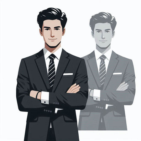 Two businessmen standing with their arms crossed. Vector illustration isolated on white background.のイラスト素材