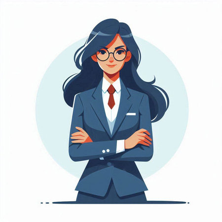 Young business woman in suit and glasses. Vector illustration in cartoon style.のイラスト素材