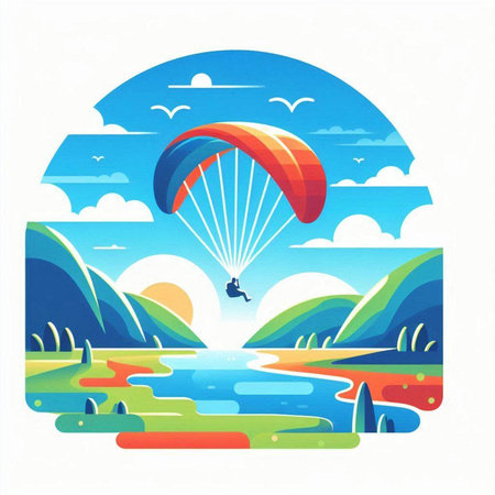 Paraglider flying over the lake. Paragliding in the mountains. Vector illustration.のイラスト素材