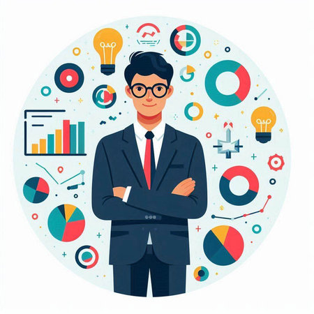 Businessman in office. Vector illustration in flat design style on white background.のイラスト素材