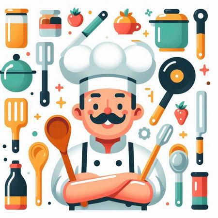Chef and kitchen tools. Vector illustration in flat cartoon style.のイラスト素材