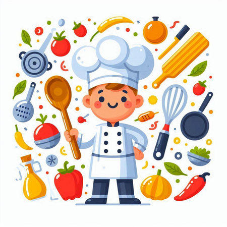 Cute little chef in uniform and hat. Cartoon vector illustration.のイラスト素材