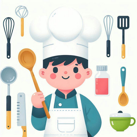 Cartoon chef boy with kitchen tools. Vector illustration in flat styleのイラスト素材