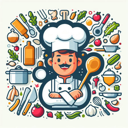 Chef boy cartoon character with cooking tools and vegetables. Vector illustrationのイラスト素材