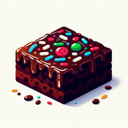 Illustration of a piece of chocolate cake with colorful candies.のイラスト素材
