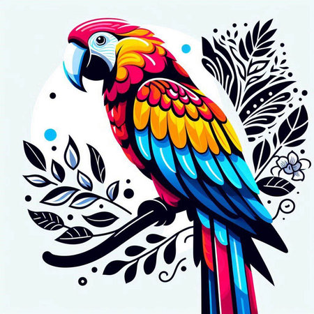 Colorful macaw parrot on floral background. Vector illustration.のイラスト素材