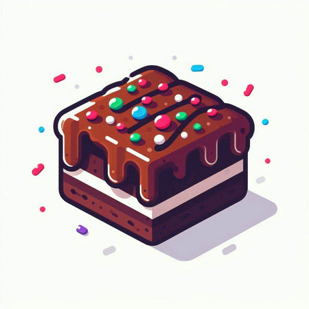 Isometric illustration of a chocolate cake with icing and sprinkles.のイラスト素材