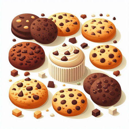 Chocolate chip cookies with chocolate chips. Vector illustration on white background.のイラスト素材