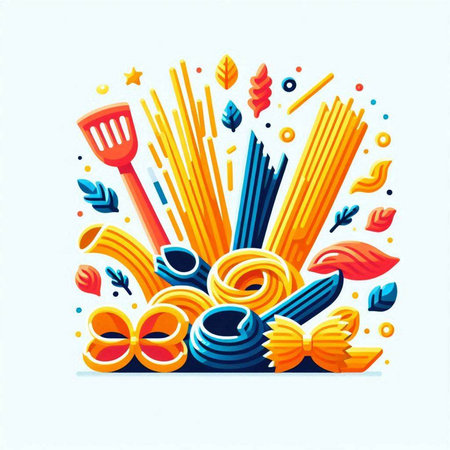 Colorful illustration of pasta in cartoon style. Vector illustration of different types of pasta.のイラスト素材
