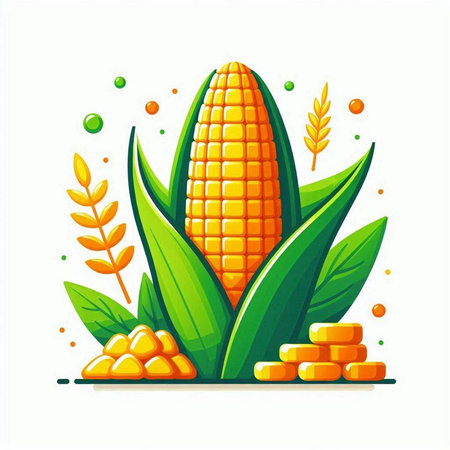 Illustration of corn on the cob with leaves and grains. Vector illustrationのイラスト素材
