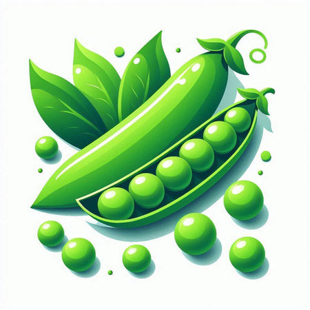 Fresh green peas with leaves on a white background. Vector illustration.のイラスト素材