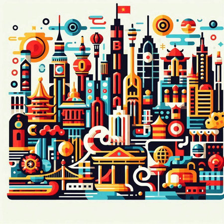 Vector illustration of modern city in flat design style. Cityscape background.のイラスト素材