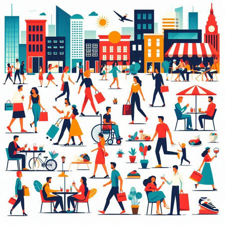 Set of people shopping in the city. Flat style vector illustration.のイラスト素材