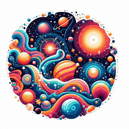 Colorful space background with planets, stars and stars. Vector illustration.のイラスト素材