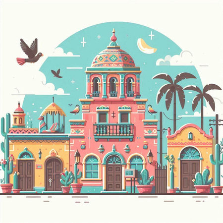 Colorful vector illustration of a colonial city in the middle of the desertのイラスト素材