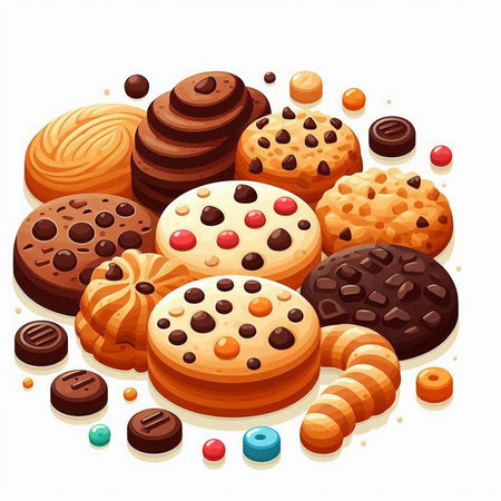 Chocolate cookies and candies on white background. Vector illustration.のイラスト素材