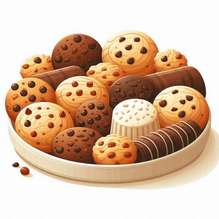 Illustration of chocolate cookies in a bowl on a white background.のイラスト素材