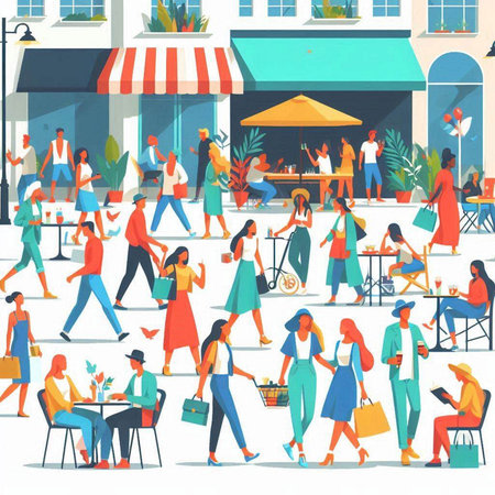 People walking in the street, vector illustration. Street food market.のイラスト素材