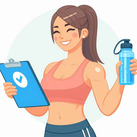 Illustration of a Smiling Woman Holding a Bottle of Water and a Fitness Tabletのイラスト素材