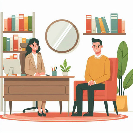 Man and woman sitting at table in office. Male and female characters at workplace. Vector illustrationのイラスト素材