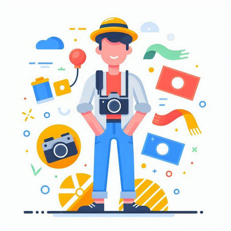 Photographer man with camera and accessories. Vector illustration in flat styleのイラスト素材