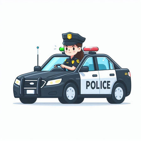 Police car and police officer. Cartoon vector illustration isolated on white background.のイラスト素材