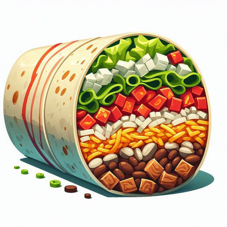 Illustration of a roll of burrito filled with vegetables on a white backgroundのイラスト素材