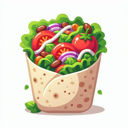 Tortilla wrap with fresh vegetable salad. Vector cartoon illustration.のイラスト素材