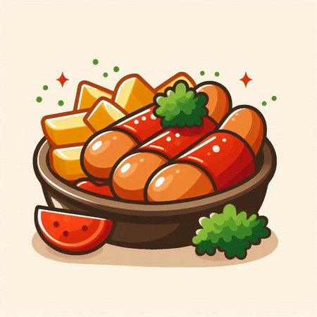 Sausages in a plate. Vector illustration in cartoon style.のイラスト素材