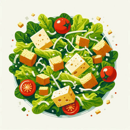 Salad with cheese, lettuce, tomato and olives. Vector illustration.のイラスト素材