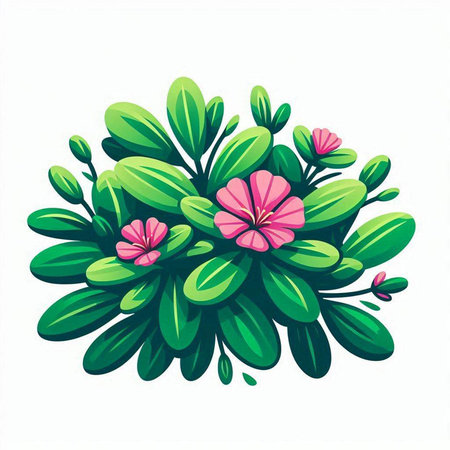 Vector illustration of green plant with pink flowers isolated on white background.のイラスト素材