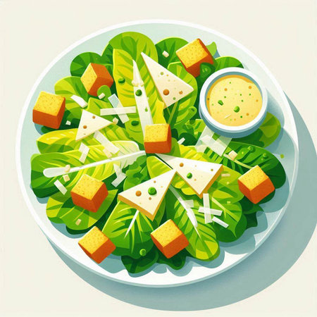 Illustration of a salad with cheese, lettuce, onion and sauceのイラスト素材