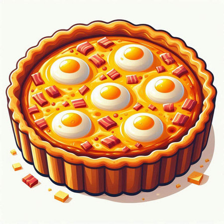 Illustration of a pie with eggs and bacon on a white backgroundのイラスト素材