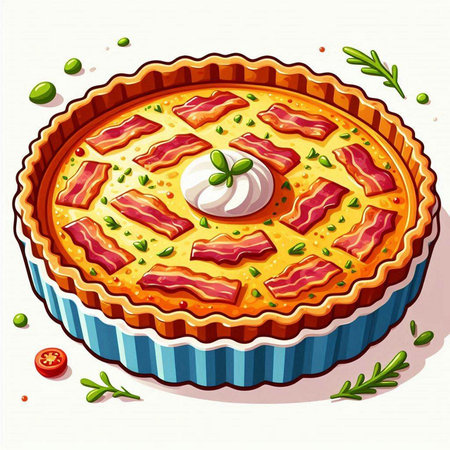 Illustration of a pie with bacon and cheese on a white backgroundのイラスト素材