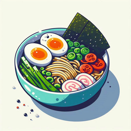 Illustration of a bowl of ramen noodle with vegetables and eggsのイラスト素材