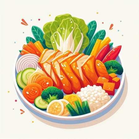 Salmon fish with rice and vegetables in bowl. Vector illustration.のイラスト素材
