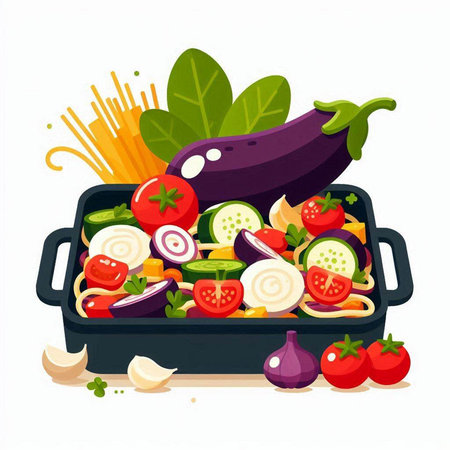 Vegetable stew with eggplant, tomato, onion, zucchini, carrot, onion and pepper in a black pan. Vector illustrationのイラスト素材