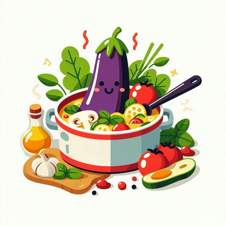 Vegetable soup in a pot. Vector illustration in cartoon style.のイラスト素材