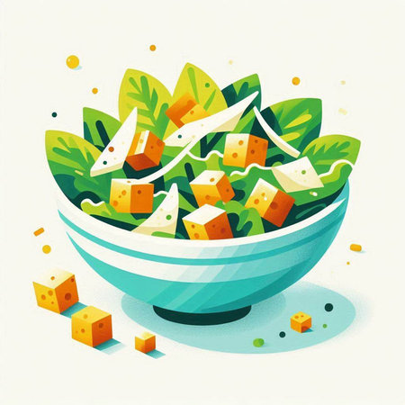 Salad with cheese and herbs in a bowl. Vector illustration.のイラスト素材