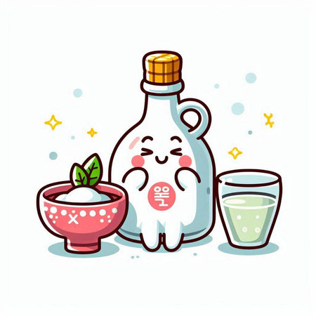 Kawaii Japanese sake bottle and glass of water vector illustration.のイラスト素材