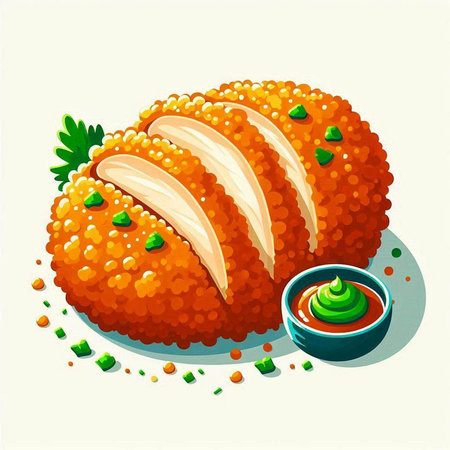 Illustration of fried chicken fillet with tomato sauce on white backgroundのイラスト素材