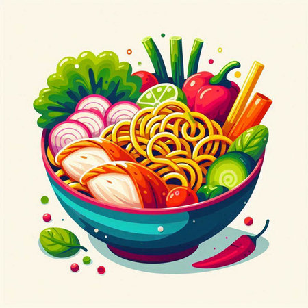 Vector illustration of a bowl of noodle with meat and vegetables.のイラスト素材