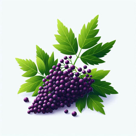 Bunch of ripe black grapes with green leaves. Vector illustration.のイラスト素材