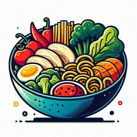 Noodles in bowl with vegetables. Hand drawn vector illustration.のイラスト素材