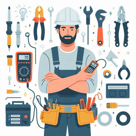 Electrician with tools and equipment. Vector illustration in flat style.のイラスト素材