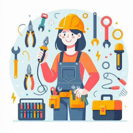 Female construction worker with instruments and tools. Vector illustration in flat styleのイラスト素材