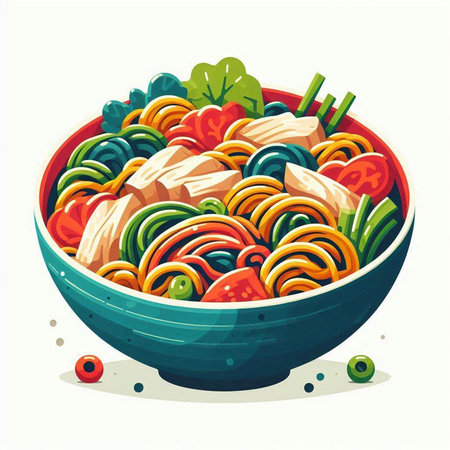 Vector illustration of a bowl of noodle with chicken meat and vegetablesのイラスト素材