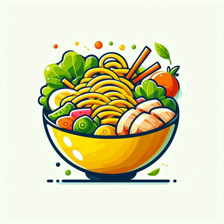 Noodles with vegetables in a bowl. Vector illustration in flat style.のイラスト素材